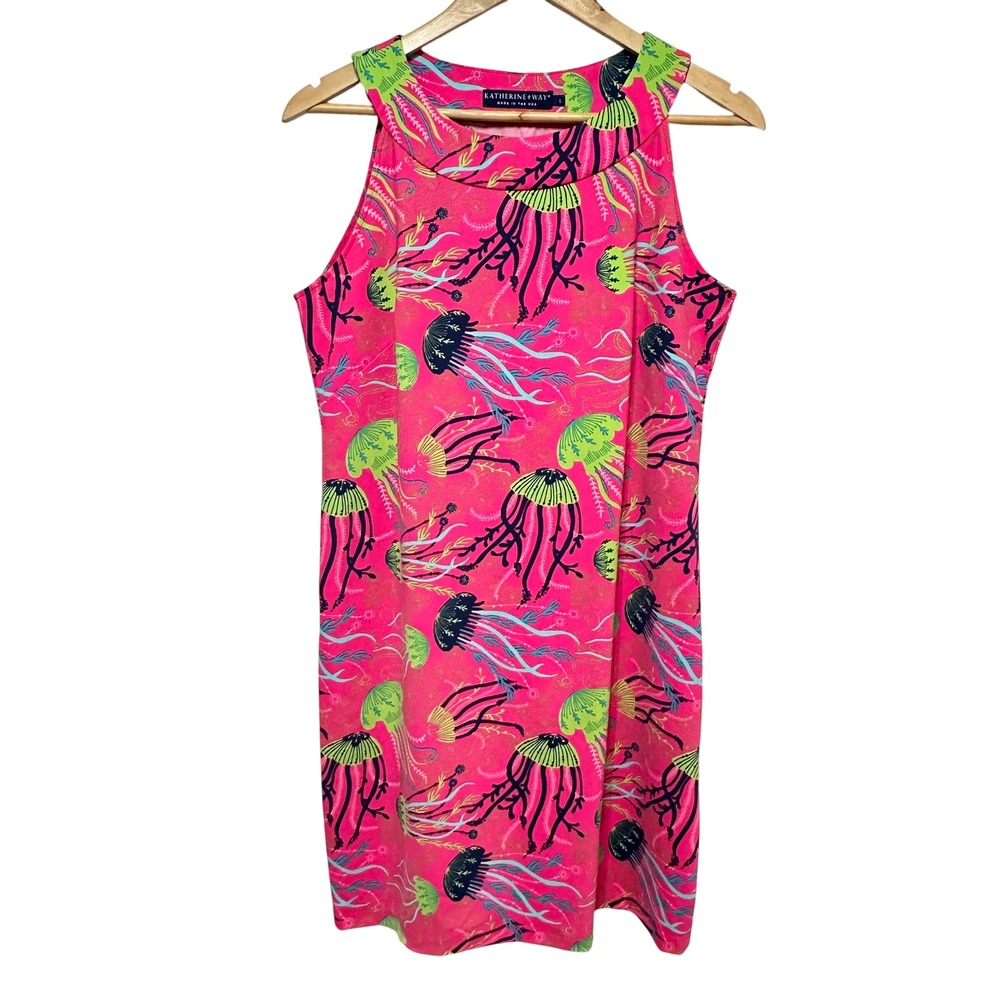 Katherine Way Seaside Boatneck Dress Womens L Pink Jellyfish Shift Resort Preppy